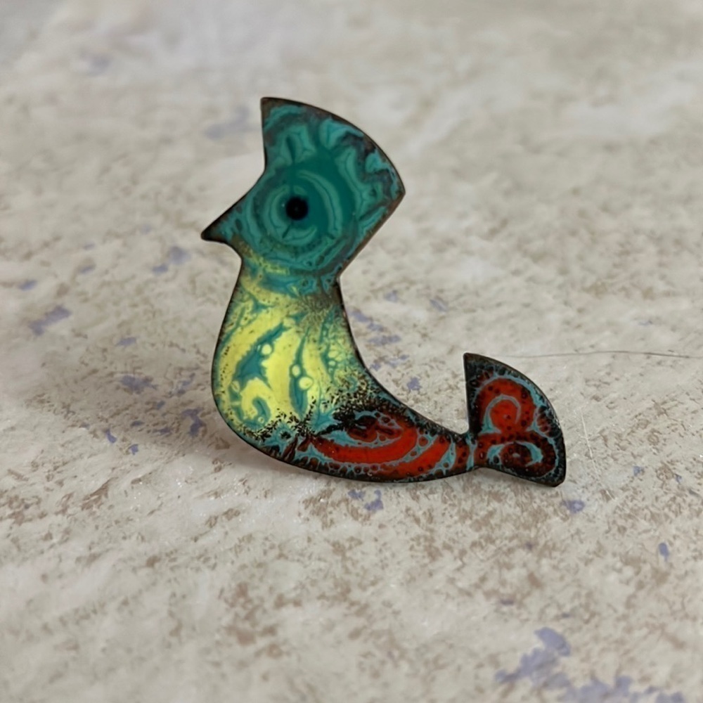 Vintage Enamel on Copper Pin Aztec Bird 1960s - Picture 1 of 5